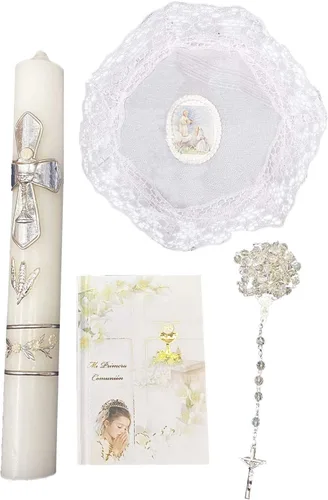 Vista 7 de Lito - Juego de velas de la primera comunión para niñas, juego de velas de cruz blanca y plateada, para la Santa 1ª Comunión - Español