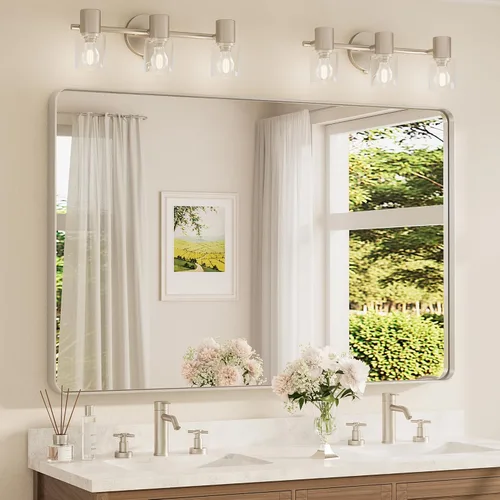 Vista 46 de TETOTE Espejo de marco dorado cepillado de 16 x 24 pulgadas, espejo de tocador de baño de latón dorado para pared, espejo enmarcado rectangular