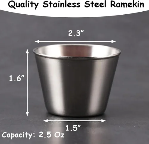 Vista 2 de Paquete de 12 tazas de salsa Ramekin de acero inoxidable de 2.5 onzas, tazas de condimentos individuales redondos, cuencos de salsa de salsa