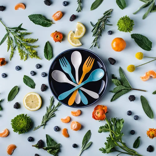 Vista 4 de Knork Eco Astrik - Juego de utensilios reutilizables compostables a base de plantas con funda de transporte, naranja, azul, blanco y gris, juego