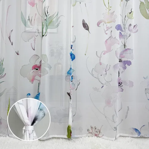 Vista 4 de Cortinas de hojas florales Fereyis para sala de estar de 63 pulgadas de largo, juego de 2 paneles, elegantes cortinas azul y rosa con flores