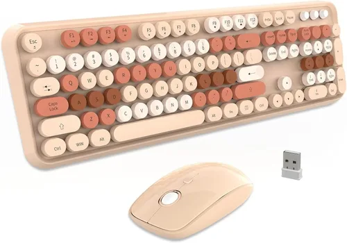 Vista 13 de FOPETT Combo de teclado y mouse inalámbricos, 2.4G de tamaño completo, lindo mouse y teclado coloridos con 104 teclas redondas, teclado retro