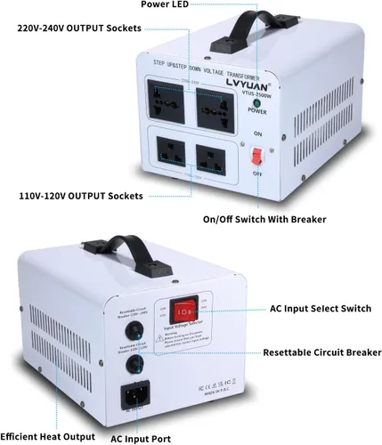 Vista 2 de LVYUAN Transformador de voltaje de 2500 W, convertidor de potencia elevador de 110 V a 220 V, reductor de 220 V a 110 V, 110/120 voltios - 220/240