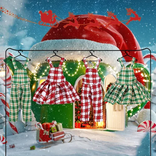 Vista 5 de Hungdao 4 piezas de ropa de muñeca de Navidad, accesorios de Navidad, ropa de muñeca, vestido a cuadros rojo y verde, trajes de vacaciones