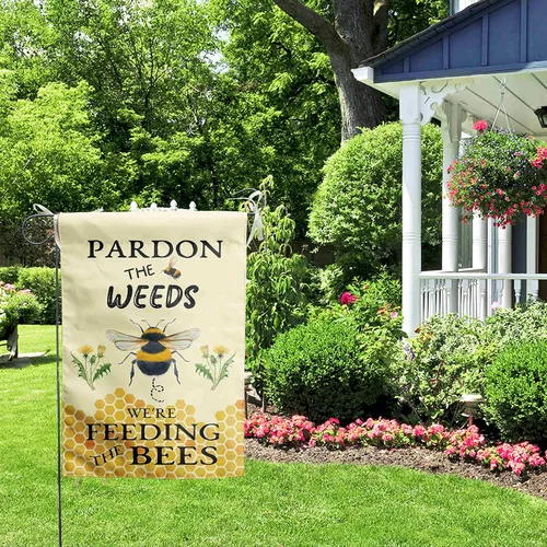Vista 6 de Bandera de Jardín de Abeja de Verano Perdón las Malas Hierbas Estamos Alimentando a las Abejas Letrero de Patio Decoración al Aire Libre Sin Corte