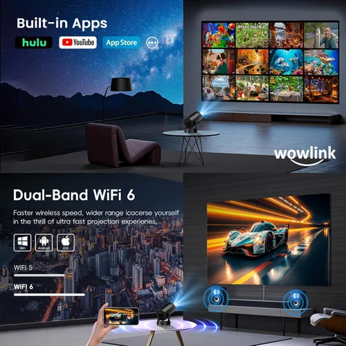 Vista 3 de [Aplicaciones integradas y actualizadas en 2026] Mini proyector con WiFi 6 y Bluetooth 5.4 compatible con 4K 1080P Auto Keystone Proyector giratorio