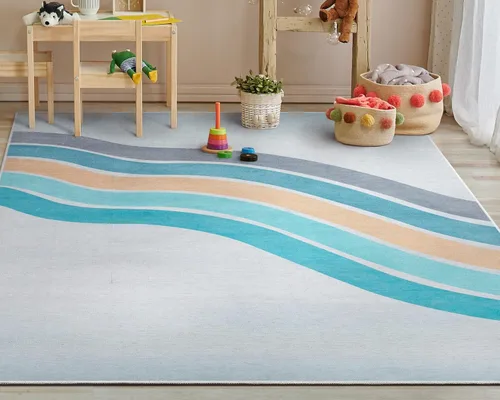 Vista 2 de Well Woven Kids Rugs - Alfombra curvada arcoíris de 3 pies 3 pulgadas x 5 pies, color azul multicolor