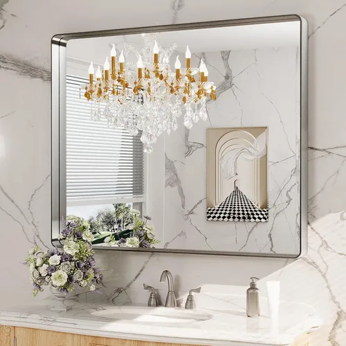 Vista 97 de LOAAO Espejo de baño dorado de 28 x 36 pulgadas, espejo rectangular redondeado con marco dorado, espejo de tocador de baño dorado cepillado montado