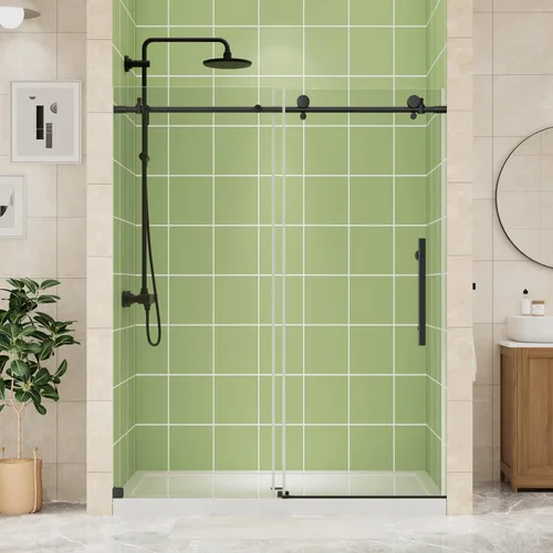 Vista 2 de DELAVIN Puerta de ducha sin marco de 48 pulgadas de ancho x 75 pulgadas de alto, puerta de ducha deslizante con vidrio templado certificado SGCC