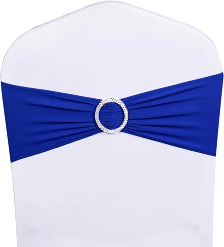 Vista 2 de Bandas elásticas de elastano para silla, color azul real, paquete de 50 unidades para bodas, bandas elásticas para sillas con hebilla deslizante