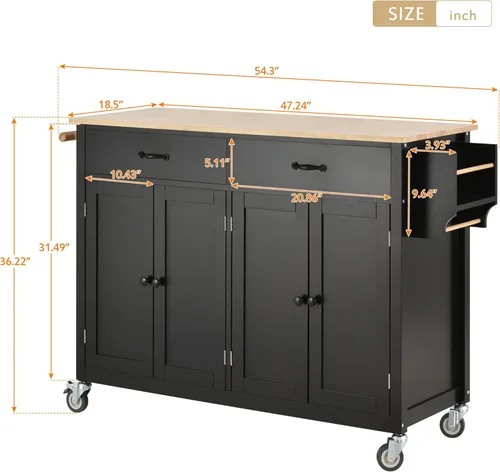 Vista 7 de Isla de cocina grande de 54 pulgadas con almacenamiento, carrito de isla de cocina con ruedas con parte superior de madera de caucho, armarios de 4