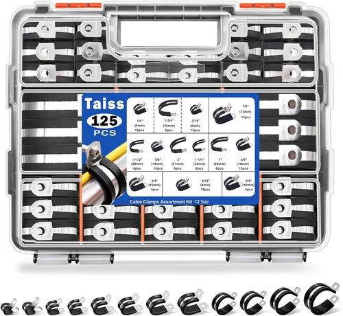 Vista 8 de Taiss Kit surtido de 270 abrazaderas de cable, abrazaderas de tubo de alambre aisladas de goma de acero inoxidable 304, 10 tamaños, abrazaderas