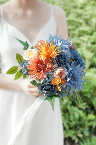 Vista 6 de Paquete combinado de flores artificiales azules, arreglo combinado de flores azul marino sintéticas para ramos de boda, arreglos combinados