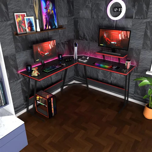 Vista 2 de Escritorio para juegos en forma de L de 51 pulgadas, escritorio de computadora para dormitorio, escritorio negro en forma de L