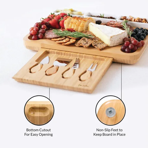 Vista 5 de Home Euphoria Juego de tabla grande de bambú para charcutería y cuchillos, tabla de queso con cuencos, hermoso regalo para mamá