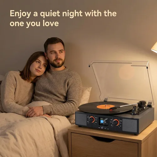 Vista 6 de Reproductor de discos de vinilo con altavoces integrados, tocadiscos Bluetooth de 3 velocidades con transmisión por correa con pantalla LCD