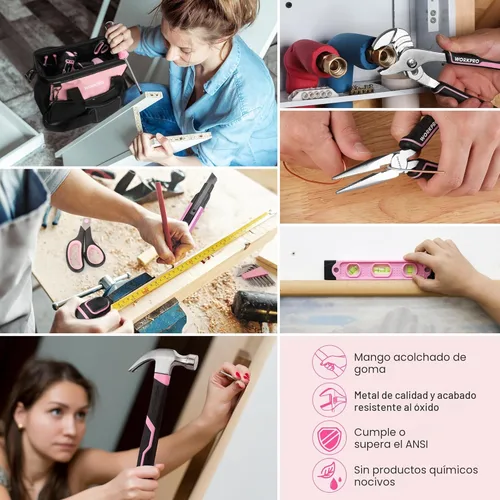 Vista 6 de WORKPRO Kit de herramientas rosa con taladro, juego de herramientas con destornillador de iones de litio inalámbrico de 20 V, juego de taladro rosa