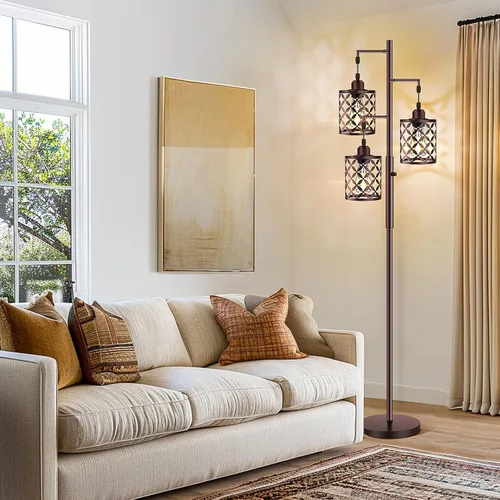 Vista 6 de Lámpara de pie regulable de 68 pulgadas, lámpara de pie de granja con elegante jaula de metal, lámparas de pie industriales de árbol alto para sala