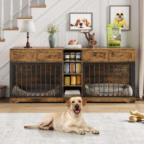 Vista 11 de Muebles de jaula para perros de 47 pulgadas, soporte de TV de jaula para perros grandes con 2 cajones y 4 estantes, perrera de madera para perros