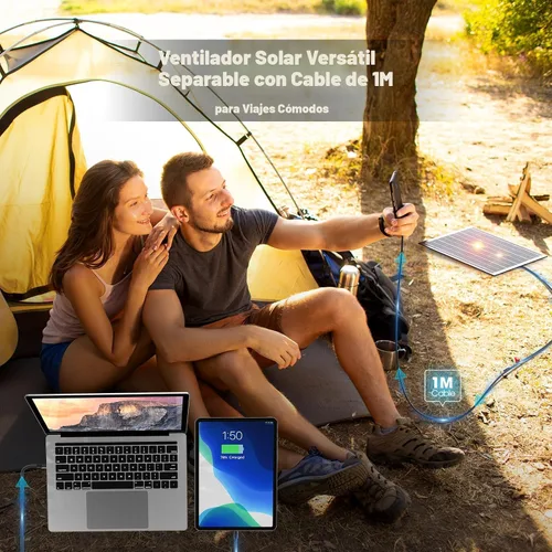 Vista 7 de JINLICTE Ventilador solar de 10400 mAh con linterna LED, ventilador de campamento con panel solar, 7 W recargable alimentado por energía solar