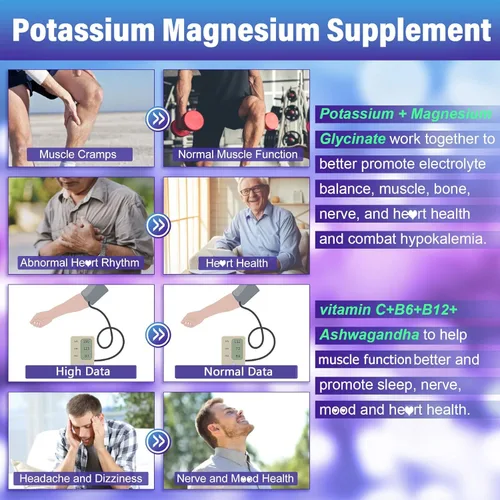 Vista 3 de Gomitas de potasio y magnesio Suplemento de potasio con Ashwagandha 200 mg, glicinato de magnesio de alta absorción, B6, B12, citrato de potasio