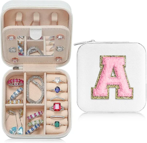 Parima Joyero de viaje para mujeres y niñas, un estuche de joyería de viaje con inicial, estuche de viaje pequeño para joyería, mini joyero de viaje