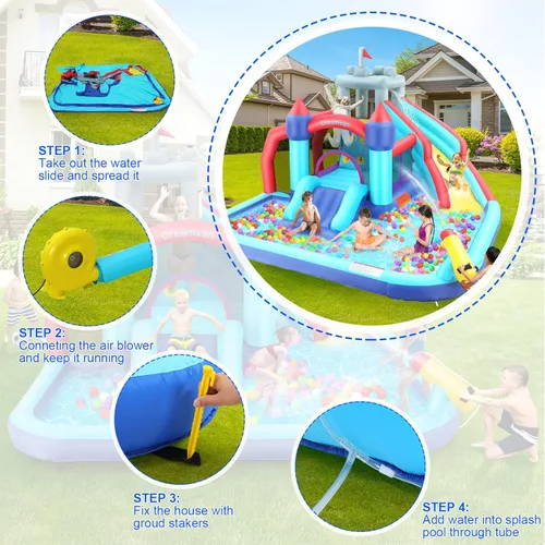 Vista 5 de Tobogán acuático inflable, parque acuático de casa de rebote 10 en 1 con pared de escalada con soplador de 580 W, piscina de salpicaduras, cañón