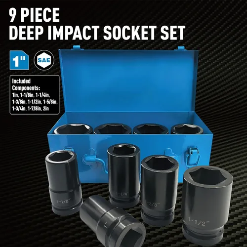 Vista 2 de Juego de enchufes de impacto profundo de 1 pulgada, 9 piezas de juegos de enchufes de impacto jumbo, acero cromado SAE de 1" a 2", diseño de 6