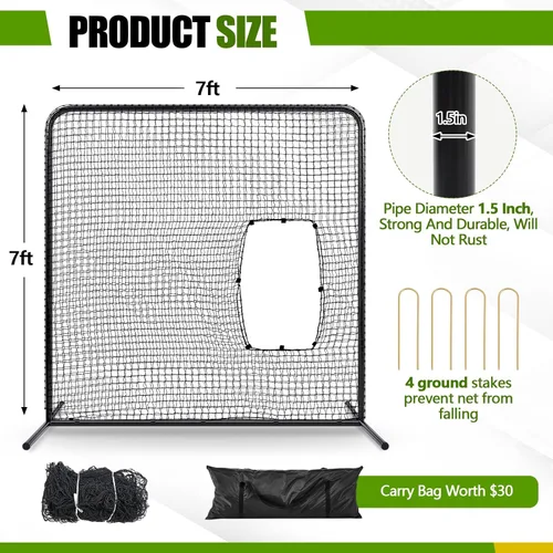 Vista 2 de Pantalla de red de lanzamiento de béisbol de 7 x 7 pies, pantalla protectora para máquina de bateo de sóftbol con marco de acero, bolsa