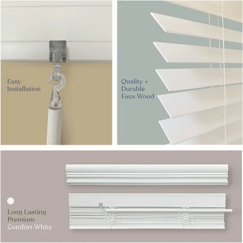 Vista 3 de Mood Persianas de madera sintética, persianas de 34.25 pulgadas para ventanas, tratamiento de ventana blackout inalámbrico de 2 pulgadas, blanco