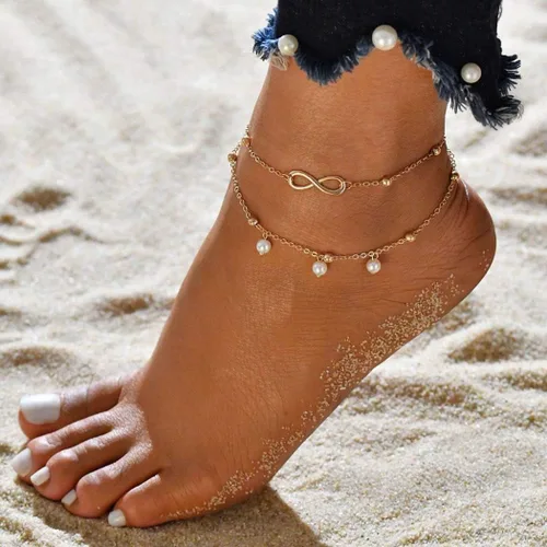 Vista 2 de Zoestar Pulsera para el tobillo de tres capas Cadena con hojas, accesorios de joyería para pie, para mujeres y niñas