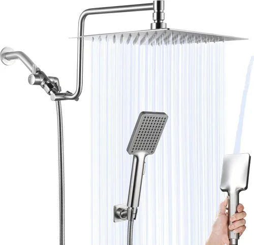 Vista 14 de Cabezal de ducha de alta presión de 10 pulgadas con combo de mano, brazo de extensión de 12 pulgadas de altura ajustable, potente cabezal de ducha