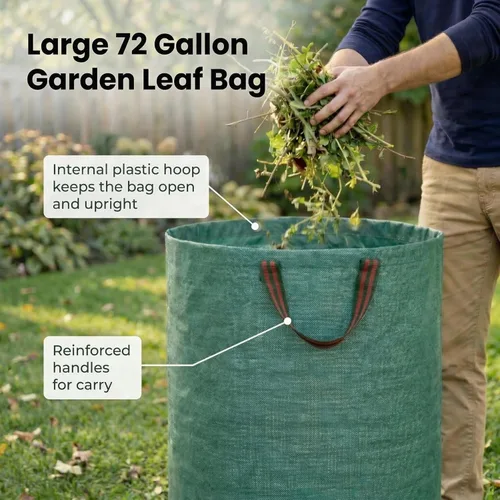 Vista 4 de Gardzen Paquete de 3 bolsas de basura de 72 galones, reutilizables, resistentes, plegables, para hojas de jardín, con anillo de plástico, contenedor