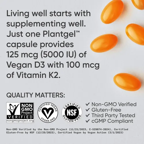 Vista 4 de Sports Research Suplemento Vegano de Vitamina D3 + K2 con Aceite de Coco Orgánico - 5000iu de Vitamina D con 100mcg de Vitamina K Mk7 - Apoya