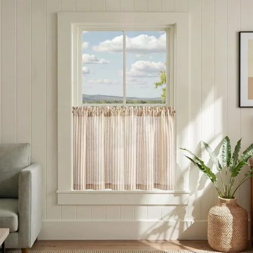 Vista 44 de jinchan - Cortinas de lino a rayas para cocina de 20 pulgadas de largo, cortinas de varios niveles, estilo granja moderna de café, tratamientos
