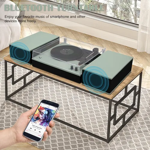 Vista 4 de MPK - Tocadiscos Bluetooth, sistema de alta fidelidad con altavoces de estantería, tocadiscos de vinilo de 3 velocidades con transmisión por correa