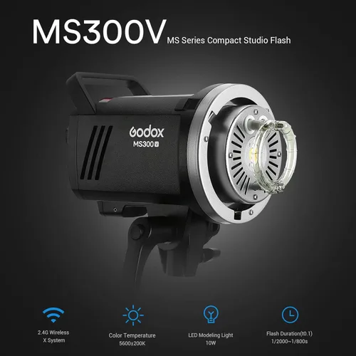 Vista 2 de Godox MS300V MS300-V Luz de flash estroboscópica compacta de estudio, flash portátil de fotografía 300W 110V, sistema 2.4G X, lámpara de modelado