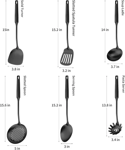 Vista 2 de Utensilios de cocina de acero inoxidable 304 con espátula, cuchara sólida, cucharón, espumadera, cuchara de espagueti, juego de 6 piezas, apto