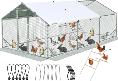 Vista 10 de Quictent Gallinero grande de metal para más de 20 aves de corral con paño de hardware lateral y cubierta impermeable, serie avanzada para Plateado