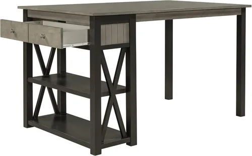 Vista 4 de Juego de mesa de comedor de madera de 4 piezas con estantes de almacenamiento y cajón, 2 taburetes y banco, adecuado para comedor, cocina, sala