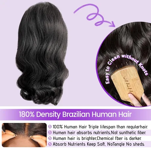 Vista 2 de UVVUVV Peluca Bob de Cabello Humano Sin Pegamento, Pelucas de Cabello Humano Pre Desplumadas Pre Cortadas, Densidad del 180%, Cierre de Encaje HD