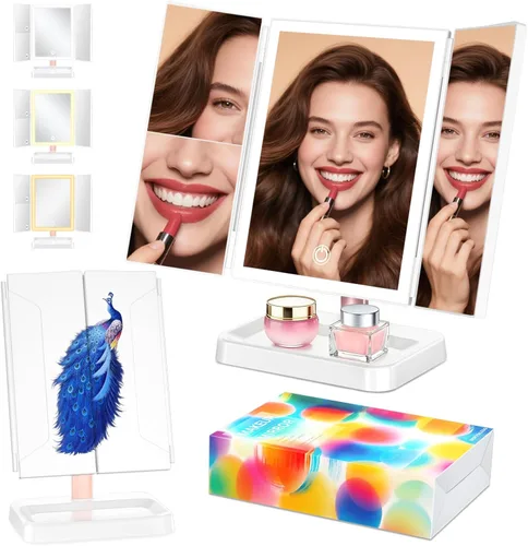 Vista 8 de BERTHALESS Espejo de maquillaje iluminado, espejo de tocador regulable con luces, tres modos de iluminación de color y aumento 1X 2X 3X