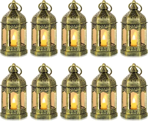 Vista 10 de Romadedi Mini Linternas Decorativas para Centro de Mesa: 10 piezas de linterna pequeña negra colgante a granel con velas LED parpadeantes