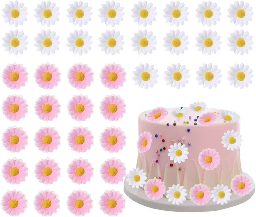 RAYNAG Decoración para tartas de margaritas, 40 piezas de tela de seda para decoración de tartas, color rosa y blanco, para cumpleaños, baby shower,