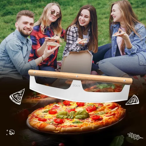 Vista 7 de Zocy - Cortador de pizza con asas de madera y cubierta protectora de acero inoxidable afilado de 14 pulgadas, cortador de cuchillos de pizza grande