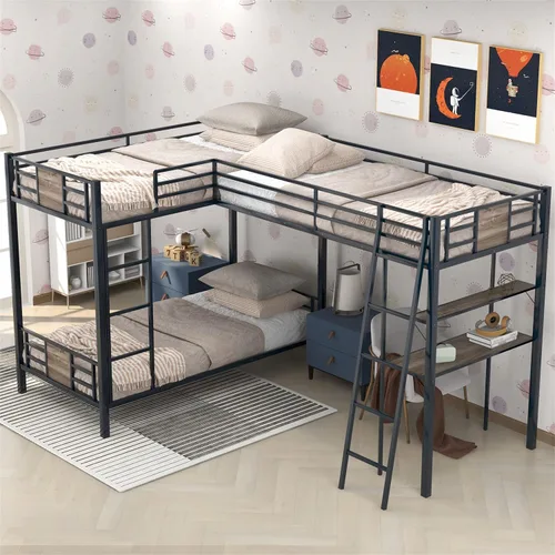 Vista 24 de Bellemave Literas triples, literas en forma de L de tamaño individual sobre cama matrimonial adjunta a una cama alta con escritorio, literas triples