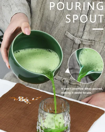 Vista 5 de Artcome Juego de té Matcha de alta calidad, cuenco de cerámica de 18.6 onzas con boquilla, batidor de bambú, cuchara, soporte para batidor y guía