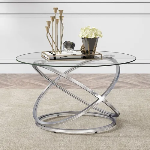 Vista 9 de OIOG Mesa de centro redonda, mesas de centro de cristal para sala de estar, mesa de centro moderna con mesa de vidrio templado, acabado cromado