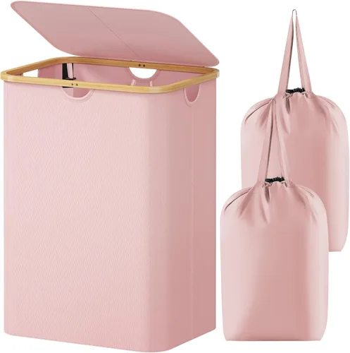 Vista 36 de Lifewit - Canasta de lavandería de 100L con tapa, cestas de ropa para la lavandería con asas de bambú y una bolsa de lavandería extraíble, cesto