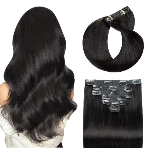 Vista 27 de Extensiones de cabello humano con clip de 14 pulgadas, 4.33 oz, 7 piezas, 16 clips, color marrón chocolate, doble trama, extensiones de cabello Remy